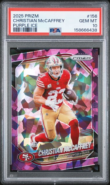 2025 PANINI PRIZM #156 CHRISTIAN McCAFFREY PURPLE ICE /225 PSA 10