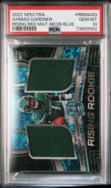 2022 Spectra Rookie Rising Patch Neon Blue Ahmad 'Sauce' Gardner RC /30 PSA 10
