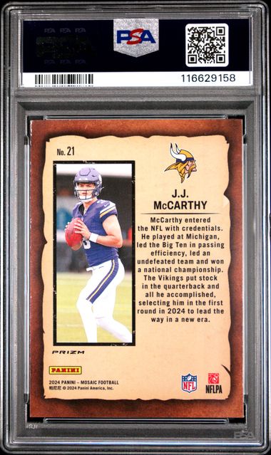 2024 PANINI MOSAIC NOTORIETY #21 JJ McCARTHY NOTORIETY-GREEN PSA 10