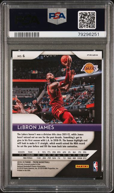 2018 PANINI PRIZM #6 LeBRON JAMES RED/WHITE/BLUE PRIZM PSA 8