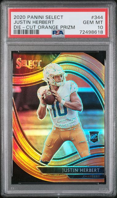 2020 PANINI SELECT #344 JUSTIN HERBERT ROOKIE DIE-CUT ORANGE PRIZM PSA 10