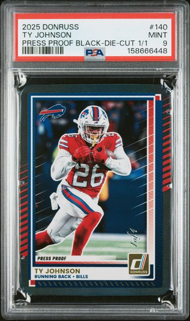 2025 PANINI DONRUSS #140 TY JOHNSON PRESS PROOF BLACK-DIE-CUT 1/1 PSA 9