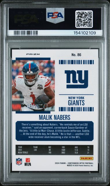 2024 PANINI CONTENDERS OPTIC #86 MALIK NABERS ORANGE /75 PSA 10