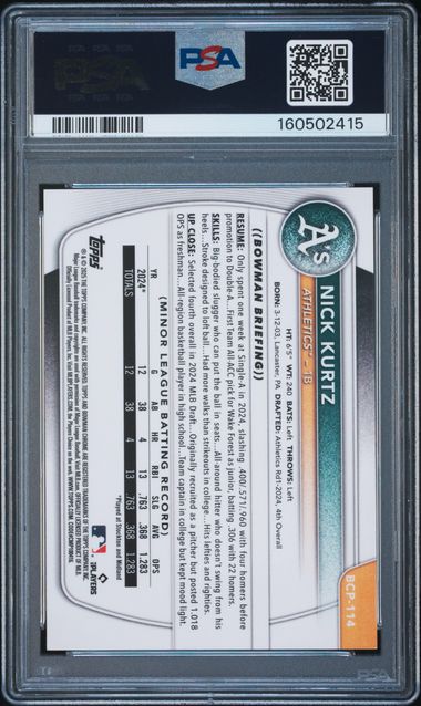 2025 BOWMAN CHROME PROSPECTS NICK KURTZ PURPLE GEOMETRIC PSA 10