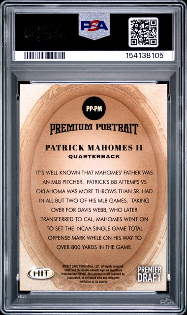 2017 SA-GE HIT PREMIER DRAFT PREMIUM PORTRAIT #PP-PM PATRICK MAHOMES II PSA 9