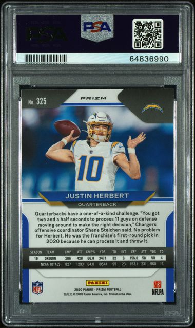 2020 PANINI PRIZM #325 JUSTIN HERBERT PINK PRIZM PSA 9