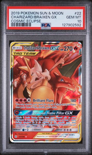 2019 POKEMON SUN & MOON COSMIC ECLIPSE #22 CHARIZARD/BRAIXEN PSA 10