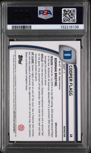2024 BOWMAN CHROME UNIVERSITY #16 COOPER FLAGG REFRACTOR PSA 10
