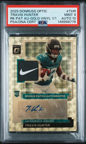 2025 PANINI DONRUSS OPTIC ROOKIE PATCH AUTO TRAVIS HUNTER GOLD VINYL 1/1 PSA 9