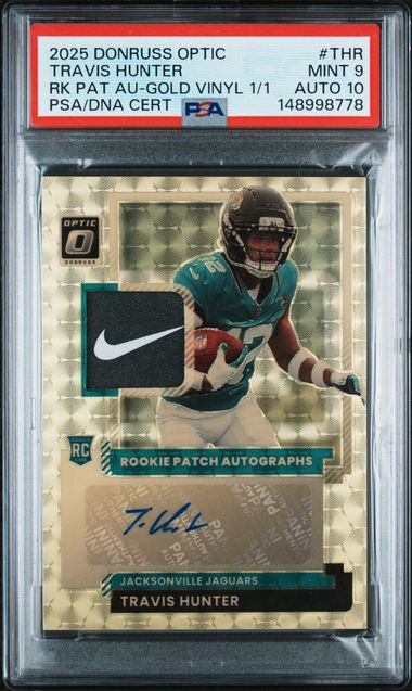 2025 PANINI DONRUSS OPTIC ROOKIE PATCH AUTO TRAVIS HUNTER GOLD VINYL 1/1 PSA 9