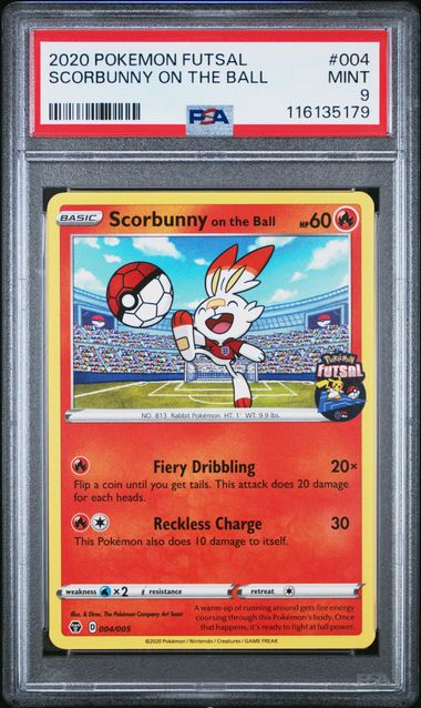 2020 POKEMON FUTSAL #004 SCORBUNNY ON THE BALL PSA 9