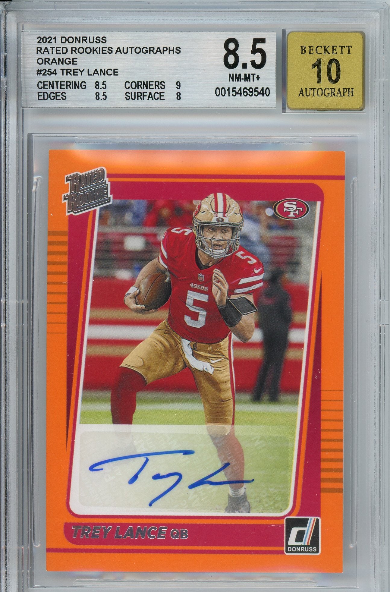 2021 Donruss Trey Lance Rated Rookie Orange Auto BGS 8.5 Near Mint / Mint